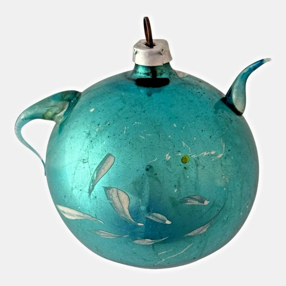 West Germany Teapot Christmas Ornament OS Aqua Blue Good Vintage Glass Floral